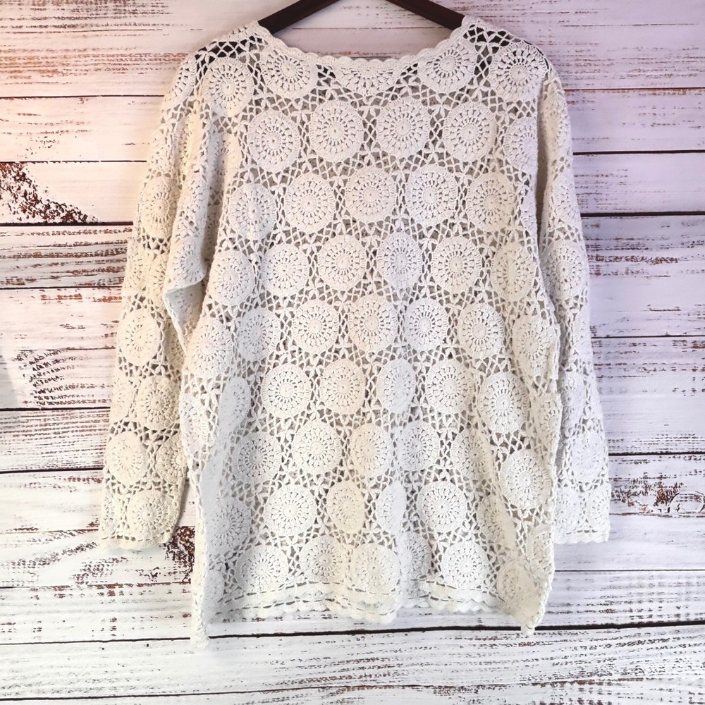 Vintage Crochet Top Maggie Lawrence Size L Cream Ramie‎ Cotton Boho Cottagecore
